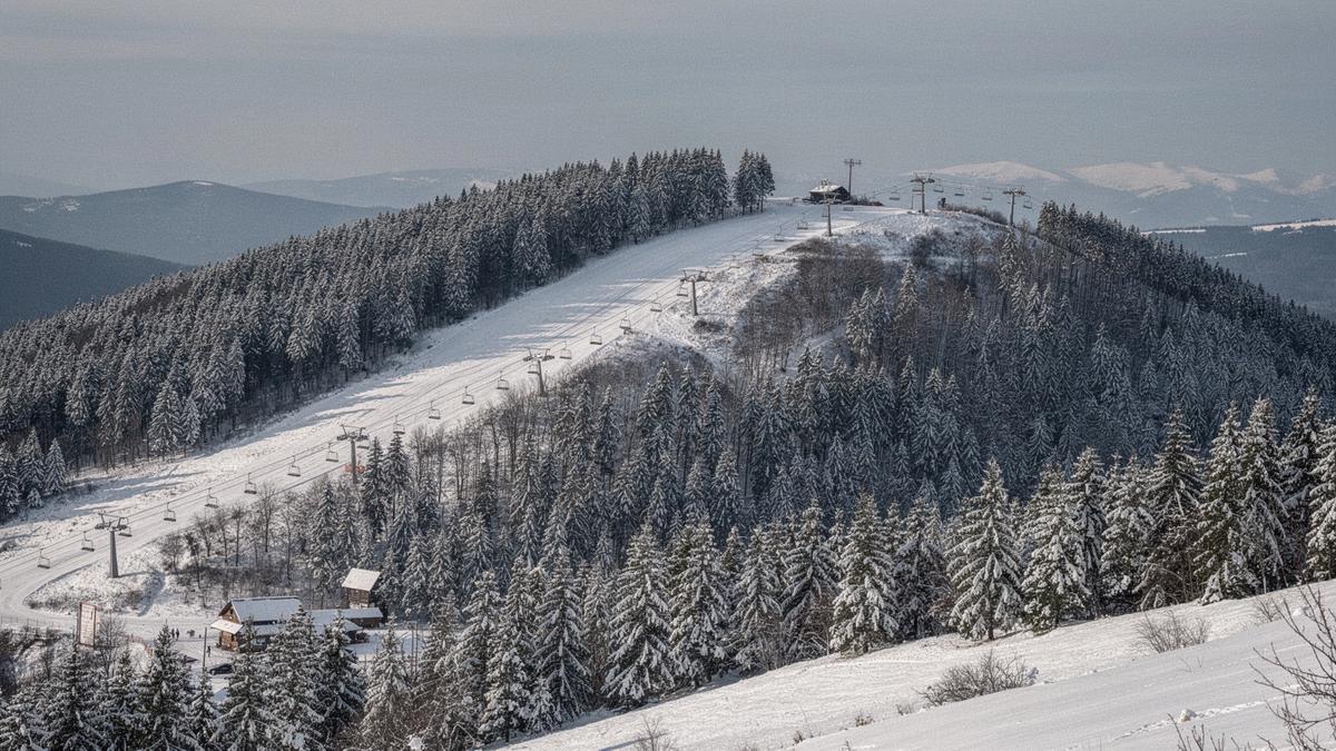 Snow-covered fir ridge above a Carpathian ski base in mid-morning light